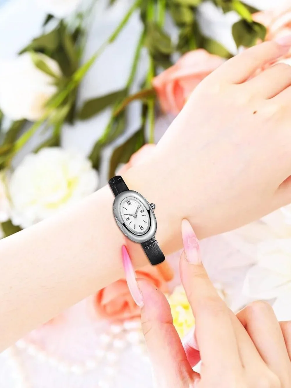 Women's Silver Black Analog Quartz Elegant Dial Bangle Vintage Bracelet Watch